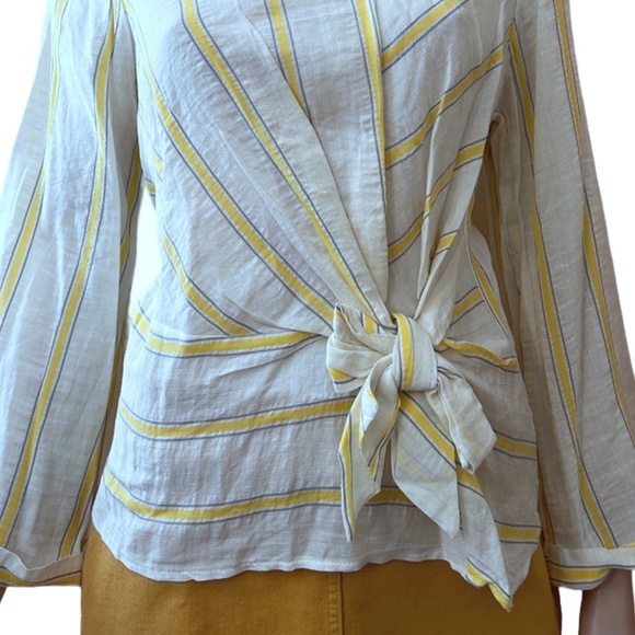 Lumina Made in Italy Linen Blouse Top Shirt Bow Tie Front Yellow Stripe NWOT - Picture 4 of 14
